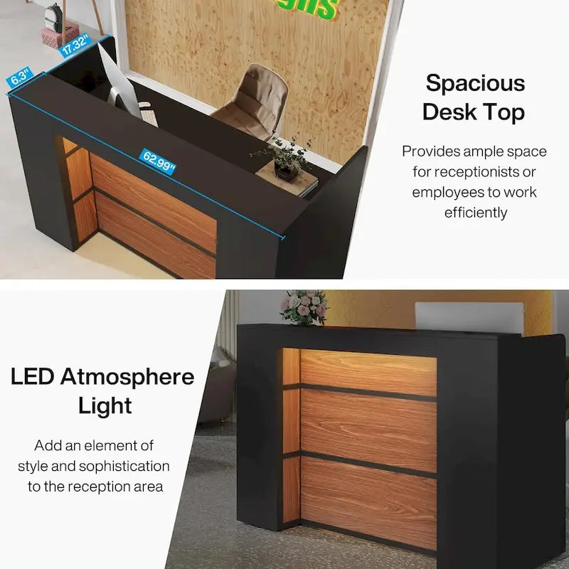 Bureau d'accueil avec lumières LED, grand comptoir d'accueil avec panneaux privatifs