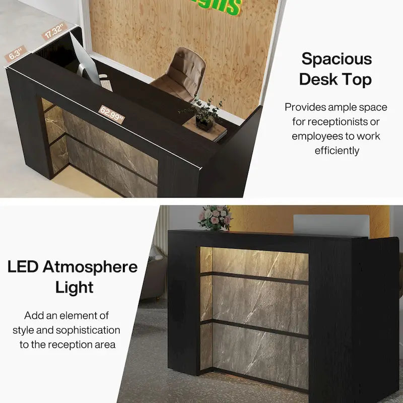 Bureau d'accueil avec lumières LED, grand comptoir d'accueil avec panneaux privatifs