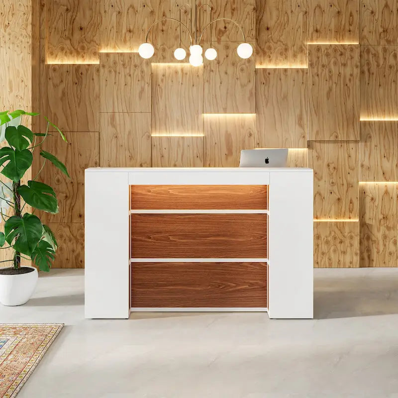 Bureau d'accueil avec lumières LED, grand comptoir d'accueil avec panneaux privatifs