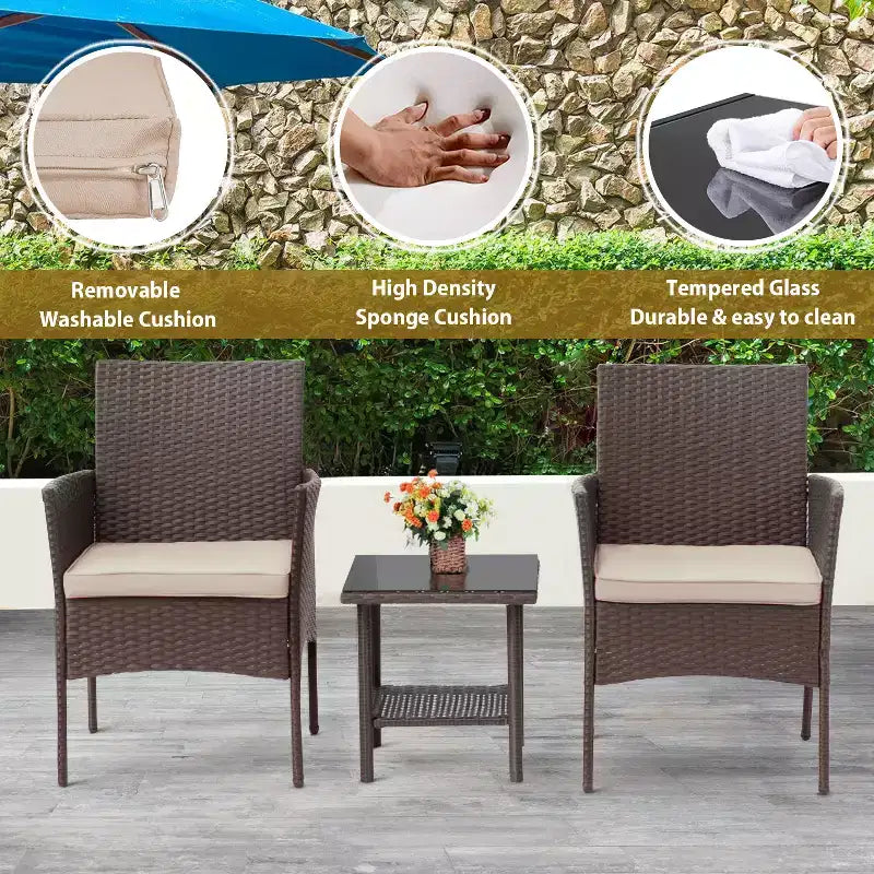 FDW Ensemble de mobilier de patio 3 pièces - Chaises d'extérieur en résine tressée, ensemble de conversation bistro en rotin pour arrière-cour, porche, bord de piscine, pelouse