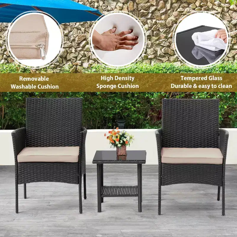 FDW Ensemble de mobilier de patio 3 pièces - Chaises d'extérieur en résine tressée, ensemble de conversation bistro en rotin pour arrière-cour, porche, bord de piscine, pelouse