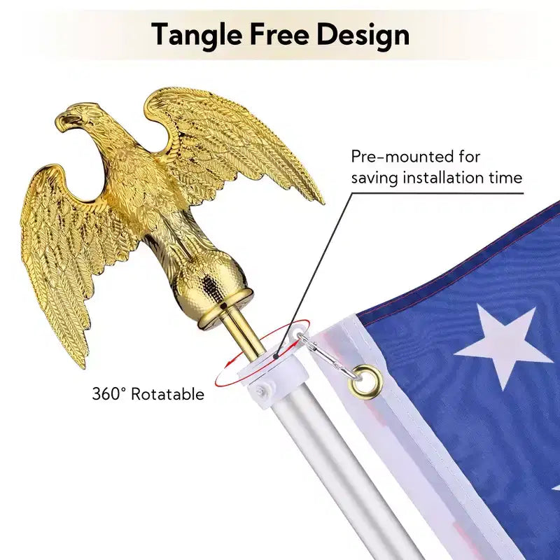 Yescom Kit de mât de drapeau d'intérieur sectionnel 8 pieds, base, embout aigle, aluminium, drapeau américain 3x5 pieds, argent