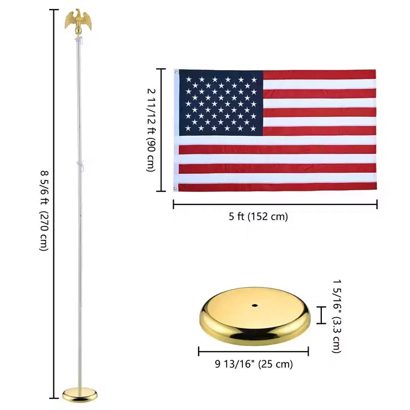 Yescom Kit de mât de drapeau d'intérieur sectionnel 8 pieds, base, embout aigle, aluminium, drapeau américain 3x5 pieds, argent