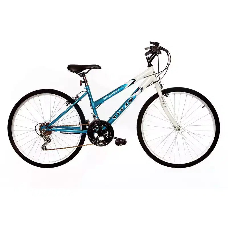 Vélo tout-terrain femme Titan Bikes Wildcat 12 vitesses avec hauteur de selle réglable, bleu/blanc