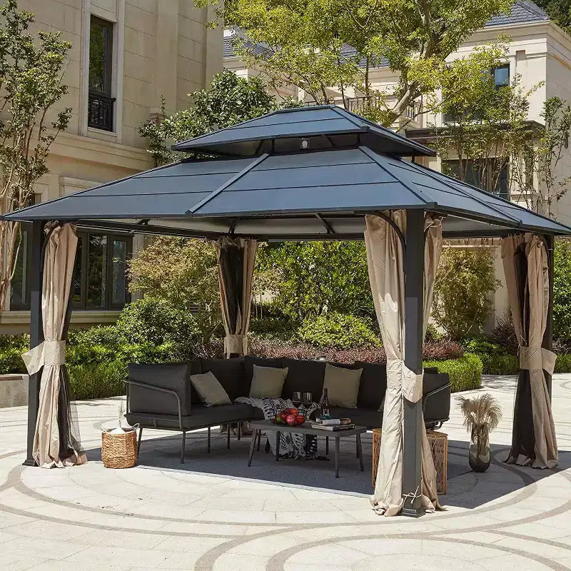 Gazebo à toit rigide en fer EROMMY 12 x 14 pieds, tonnelle double étanche avec rideaux et moustiquaire