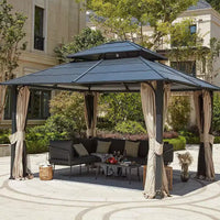 Gazebo à toit rigide en fer EROMMY 12 x 14 pieds, tonnelle double étanche avec rideaux et moustiquaire