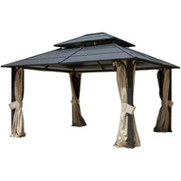 Gazebo à toit rigide en fer EROMMY 12 x 14 pieds, tonnelle double étanche avec rideaux et moustiquaire