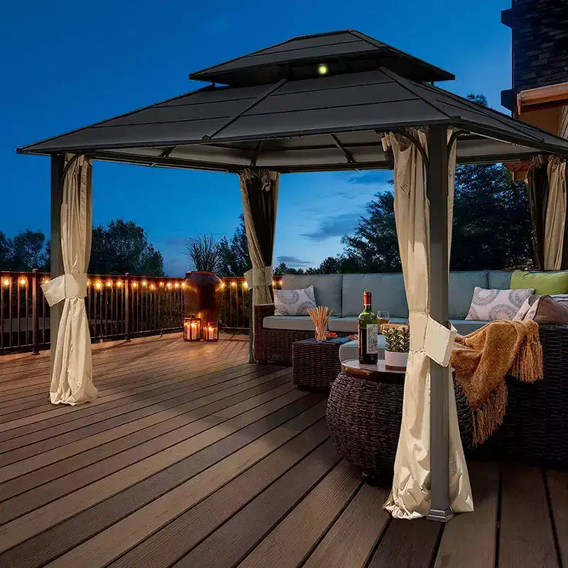 Gazebo à toit rigide en fer EROMMY 12 x 14 pieds, tonnelle double étanche avec rideaux et moustiquaire