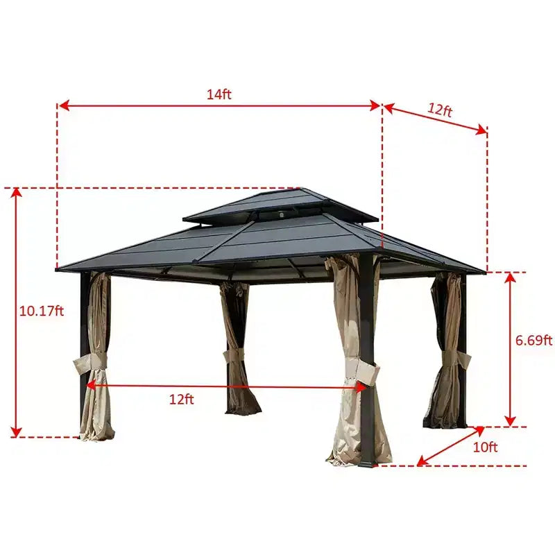 Gazebo à toit rigide en fer EROMMY 12 x 14 pieds, tonnelle double étanche avec rideaux et moustiquaire