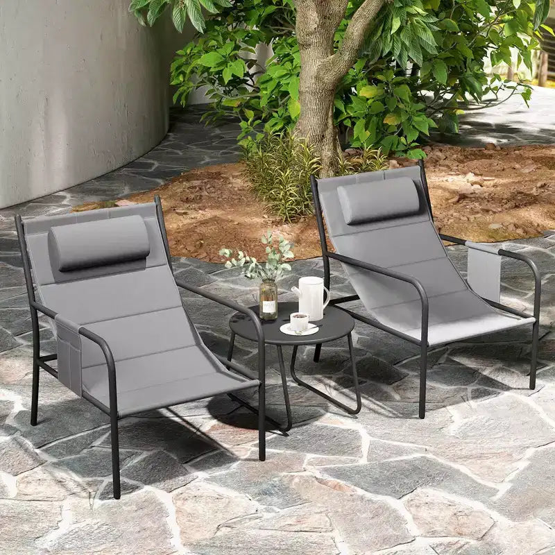 Costway Ensemble Bistro d'extérieur 3 pièces, Tissu d'assise Respirant et Appui-tête Confortable en Métal pour Jardin