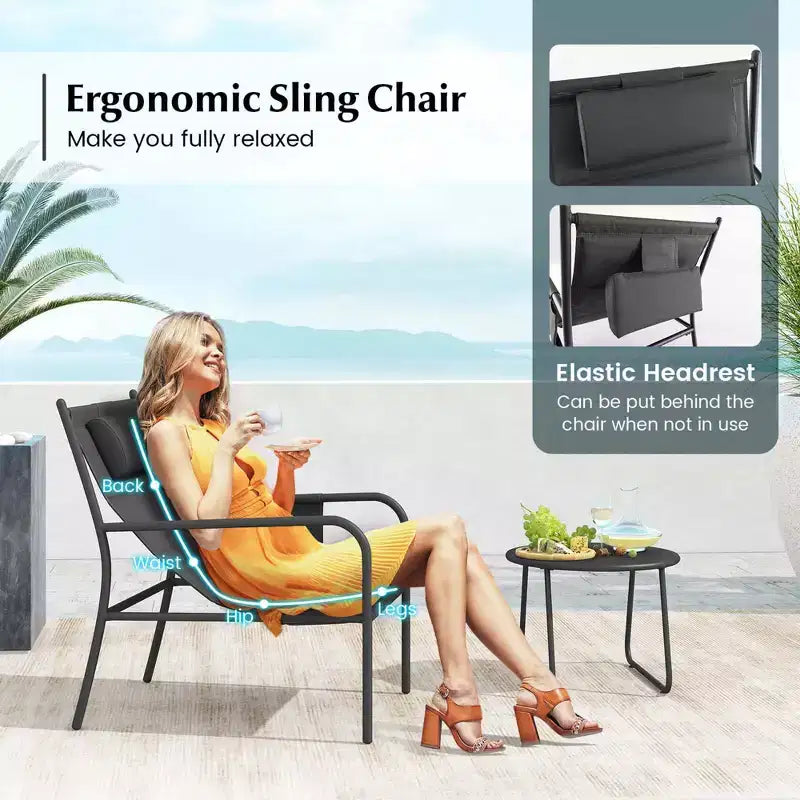 Costway Ensemble Bistro d'extérieur 3 pièces, Tissu d'assise Respirant et Appui-tête Confortable en Métal pour Jardin