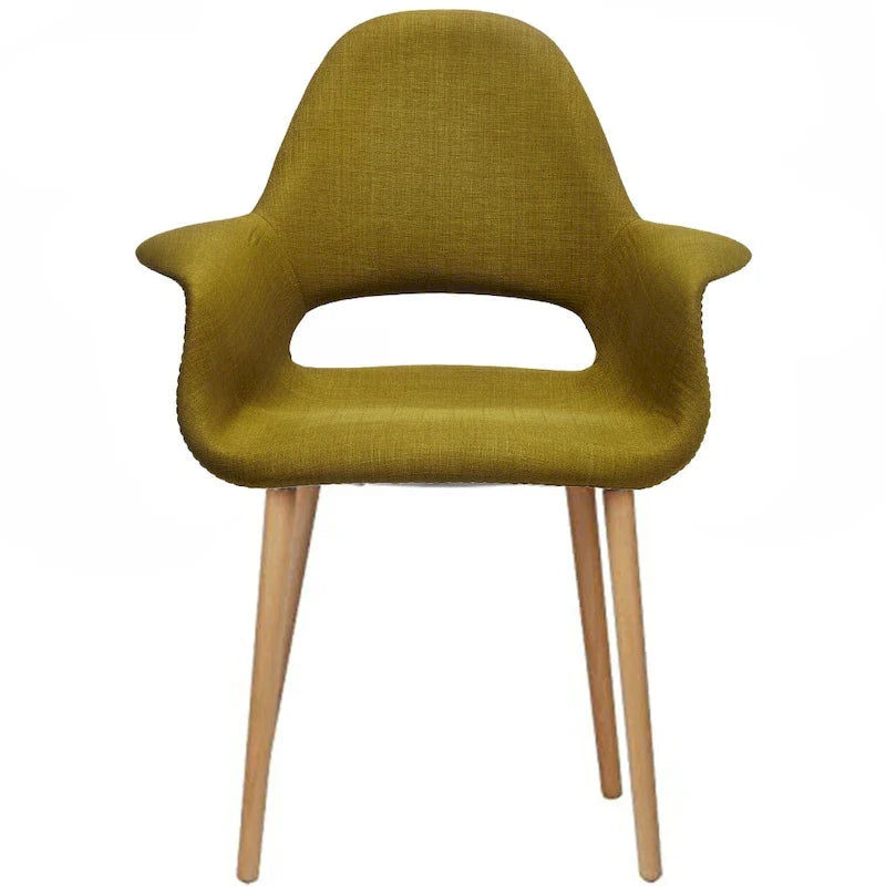 Fauteuil moderne rembourré en tissu organique avec pieds en bois naturel pour salle à manger, bureau ou chaise d'appoint de détente