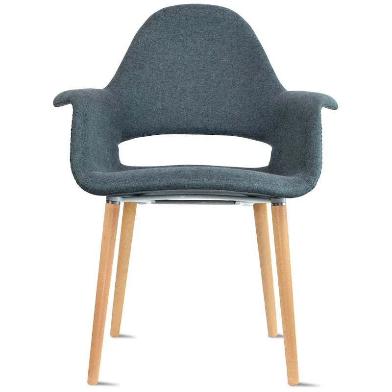 Fauteuil moderne rembourré en tissu organique avec pieds en bois naturel pour salle à manger, bureau ou chaise d'appoint de détente