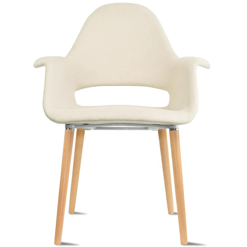 Fauteuil moderne rembourré en tissu organique avec pieds en bois naturel pour salle à manger, bureau ou chaise d'appoint de détente
