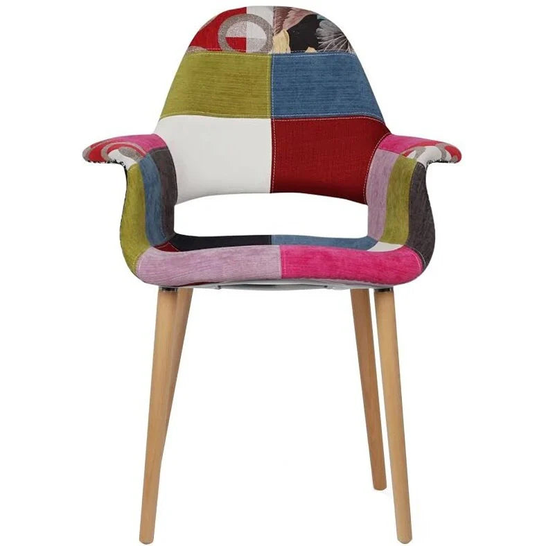 Fauteuil moderne rembourré en tissu organique avec pieds en bois naturel pour salle à manger, bureau ou chaise d'appoint de détente