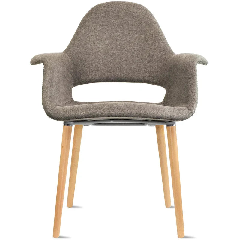 Fauteuil moderne rembourré en tissu organique avec pieds en bois naturel pour salle à manger, bureau ou chaise d'appoint de détente