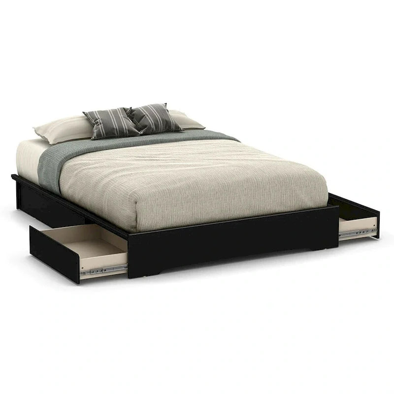 Cadre de lit plateforme Queen avec 2 tiroirs de rangement en bois noir