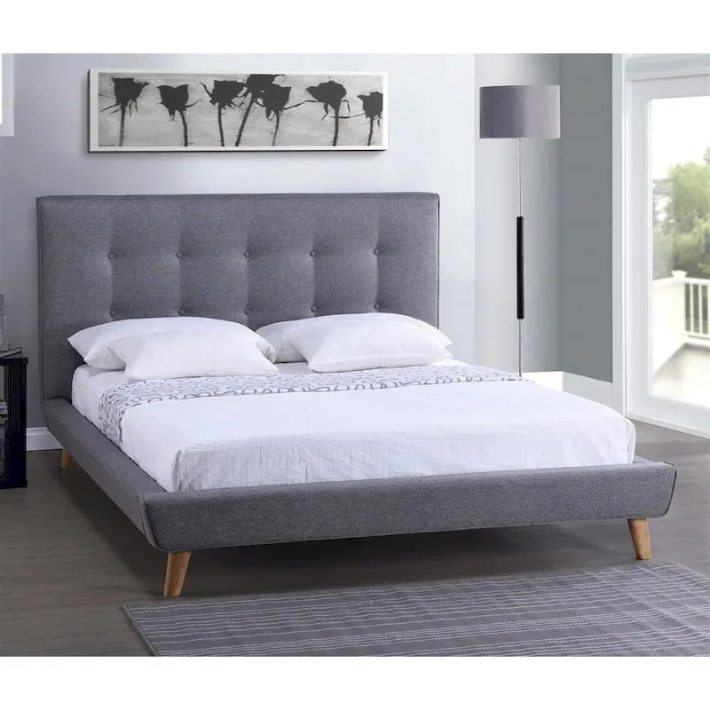 Lit plateforme capitonné pleine taille en lin gris moderne avec tête de lit capitonnée à boutons