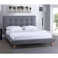 Lit plateforme capitonné pleine taille en lin gris moderne avec tête de lit capitonnée à boutons