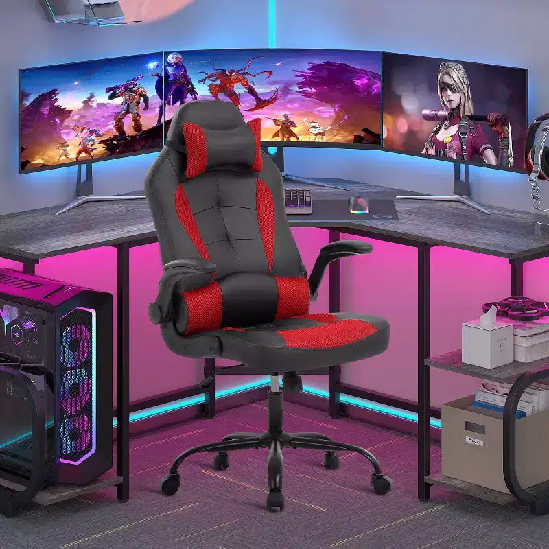FDW Fauteuil de bureau de jeu Chaise de bureau avec support lombaire Accoudoirs relevables Appuie-tête