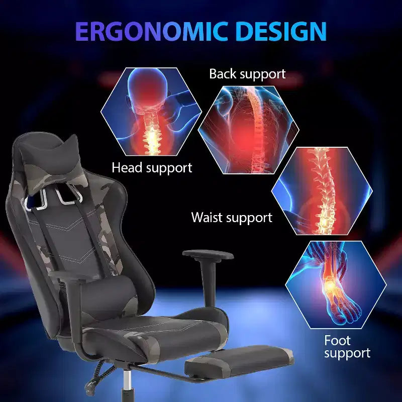 FDW Chaise de jeu de course, Chaises de jeu vidéo avec bureau d'ordinateur, Support lombaire et appui-tête en cuir PU, Siège pivotant à 360°