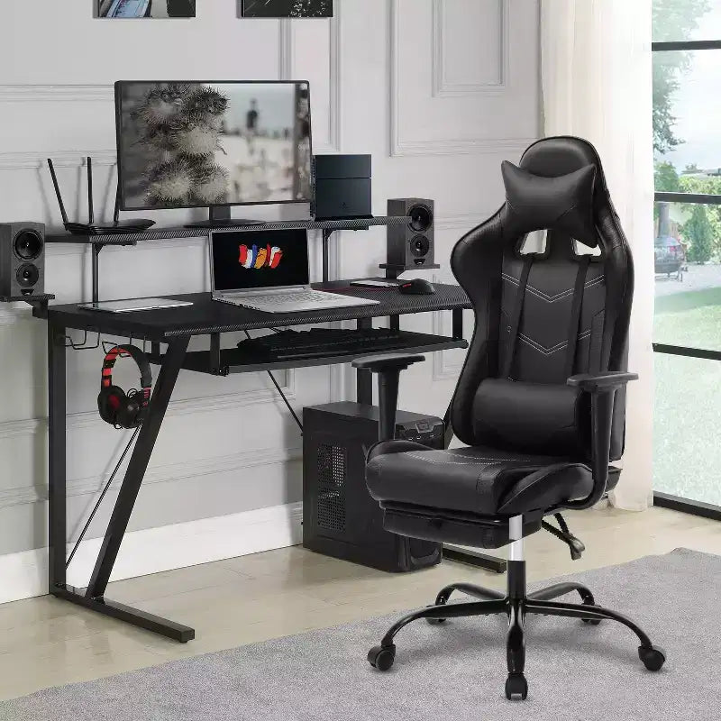 FDW Chaise de jeu de course, Chaises de jeu vidéo avec bureau d'ordinateur, Support lombaire et appui-tête en cuir PU, Siège pivotant à 360°