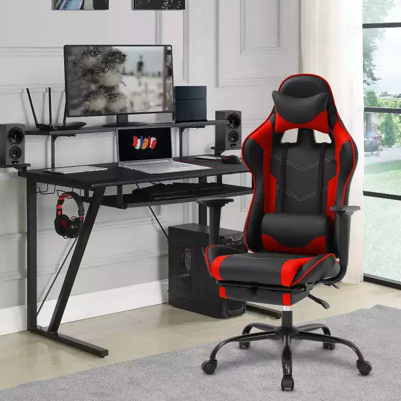 FDW Chaise de jeu de course, Chaises de jeu vidéo avec bureau d'ordinateur, Support lombaire et appui-tête en cuir PU, Siège pivotant à 360°