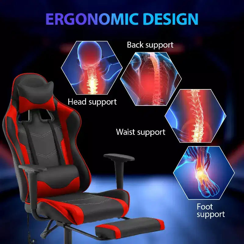 FDW Chaise de jeu de course, Chaises de jeu vidéo avec bureau d'ordinateur, Support lombaire et appui-tête en cuir PU, Siège pivotant à 360°