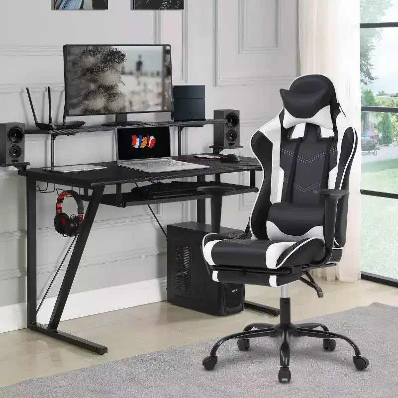 FDW Chaise de jeu de course, Chaises de jeu vidéo avec bureau d'ordinateur, Support lombaire et appui-tête en cuir PU, Siège pivotant à 360°