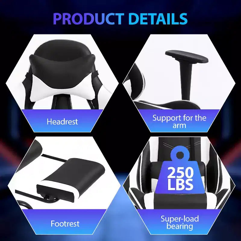 FDW Chaise de jeu de course, Chaises de jeu vidéo avec bureau d'ordinateur, Support lombaire et appui-tête en cuir PU, Siège pivotant à 360°
