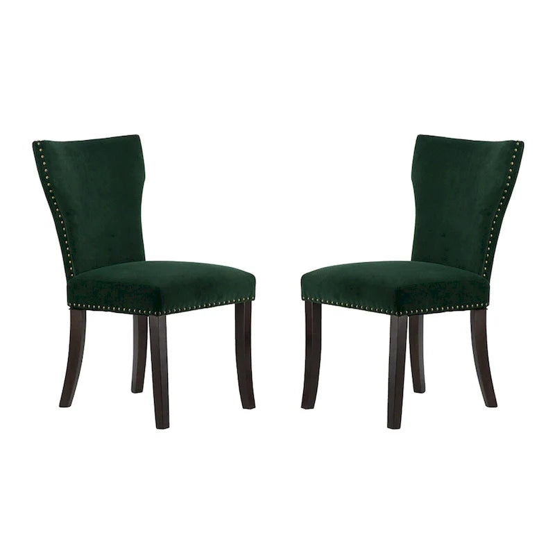 Chaises de salle à manger sans accoudoirs en velours avec clous décoratifs en bois 37 Vert et marron Lot de 2
