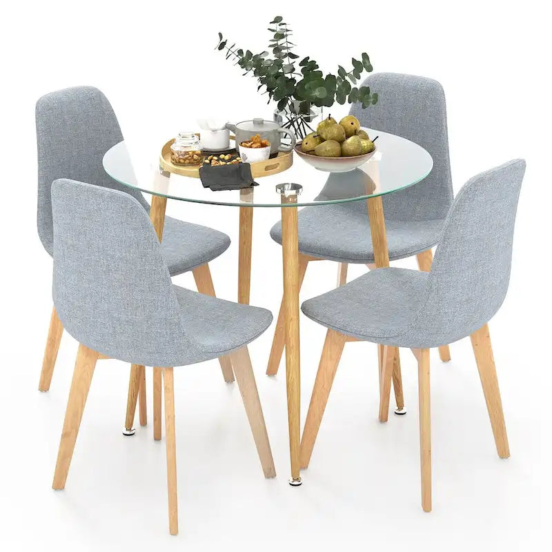Ensemble de salle à manger Gymax 5 pièces avec table ronde en verre trempé et 4 chaises en tissu