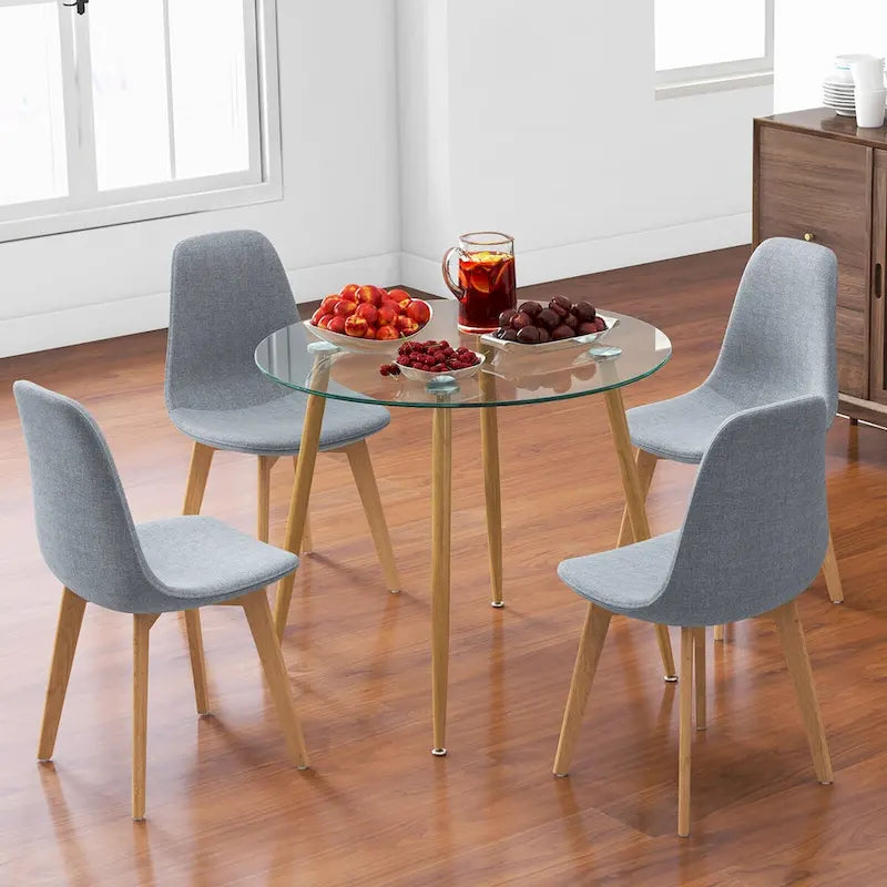 Ensemble de salle à manger Gymax 5 pièces avec table ronde en verre trempé et 4 chaises en tissu