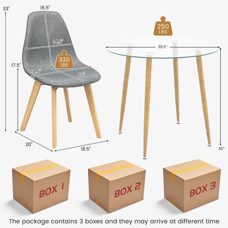 Ensemble de salle à manger Gymax 5 pièces avec table ronde en verre trempé et 4 chaises en tissu