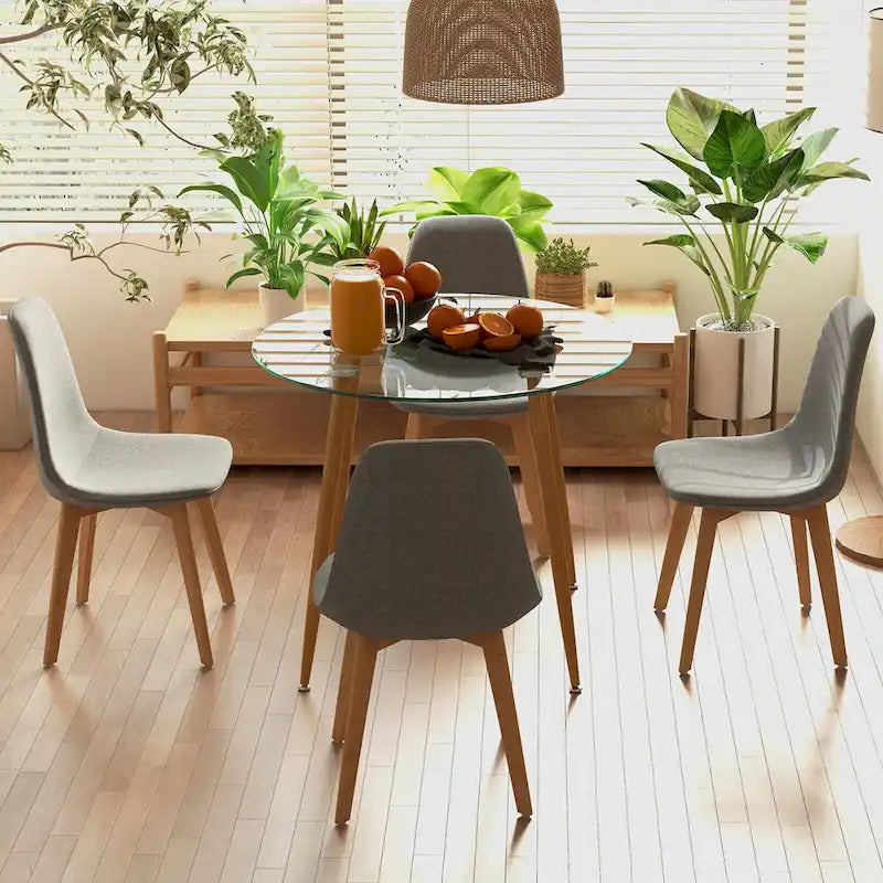 Ensemble de salle à manger Gymax 5 pièces avec table ronde en verre trempé et 4 chaises en tissu