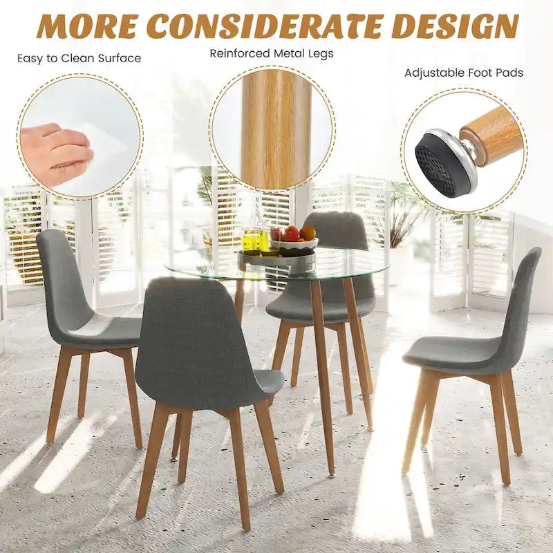 Ensemble de salle à manger Gymax 5 pièces avec table ronde en verre trempé et 4 chaises en tissu