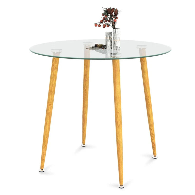 Ensemble de salle à manger Gymax 5 pièces avec table ronde en verre trempé et 4 chaises en tissu