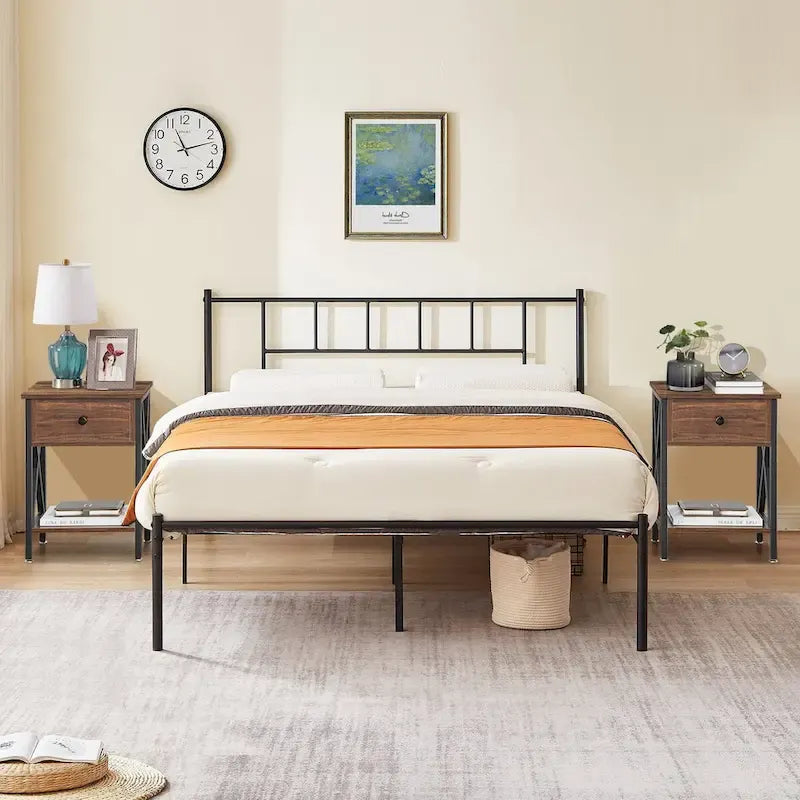 Ensemble cadre de lit 3 pièces VECELO avec tête de lit en bois et tables de chevet modernes, lot de 2