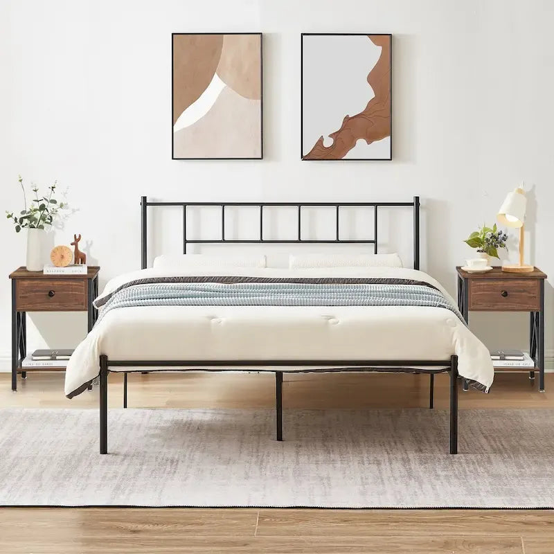 Ensemble cadre de lit 3 pièces VECELO avec tête de lit en bois et tables de chevet modernes, lot de 2