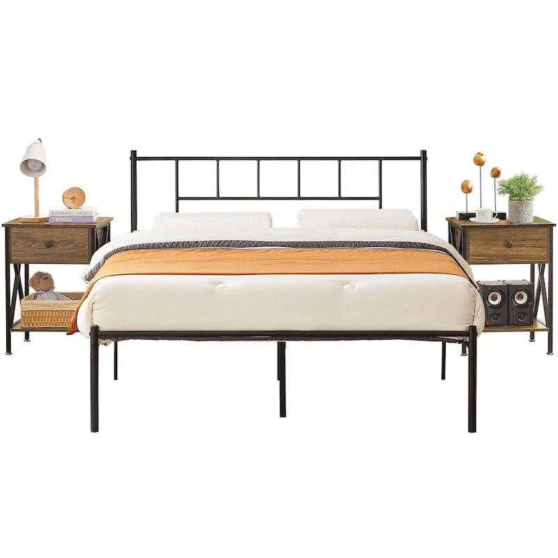 Ensemble cadre de lit 3 pièces VECELO avec tête de lit en bois et tables de chevet modernes, lot de 2