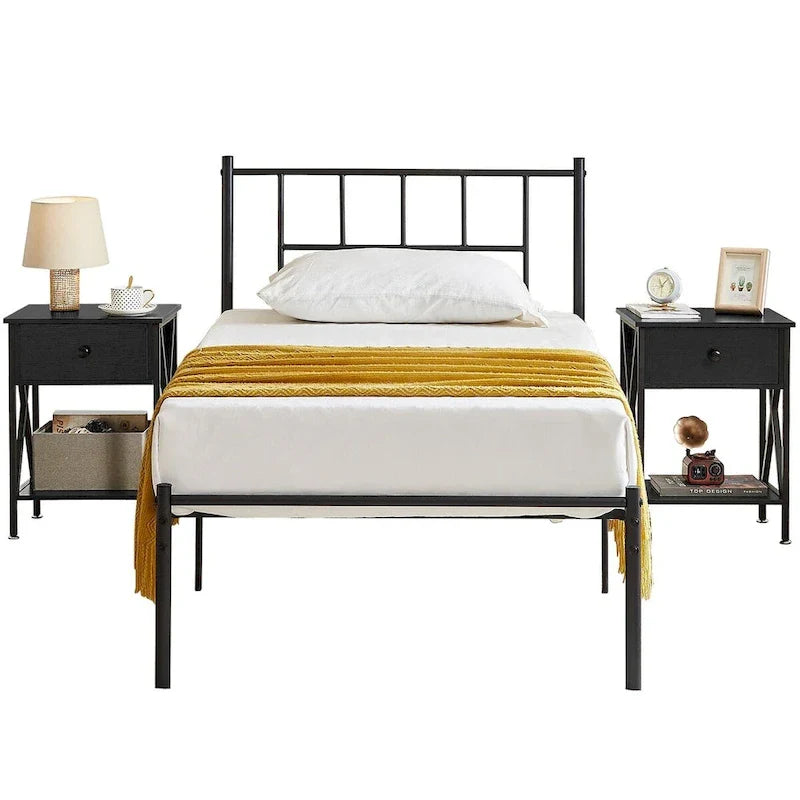 Ensemble cadre de lit 3 pièces VECELO avec tête de lit en bois et tables de chevet modernes, lot de 2