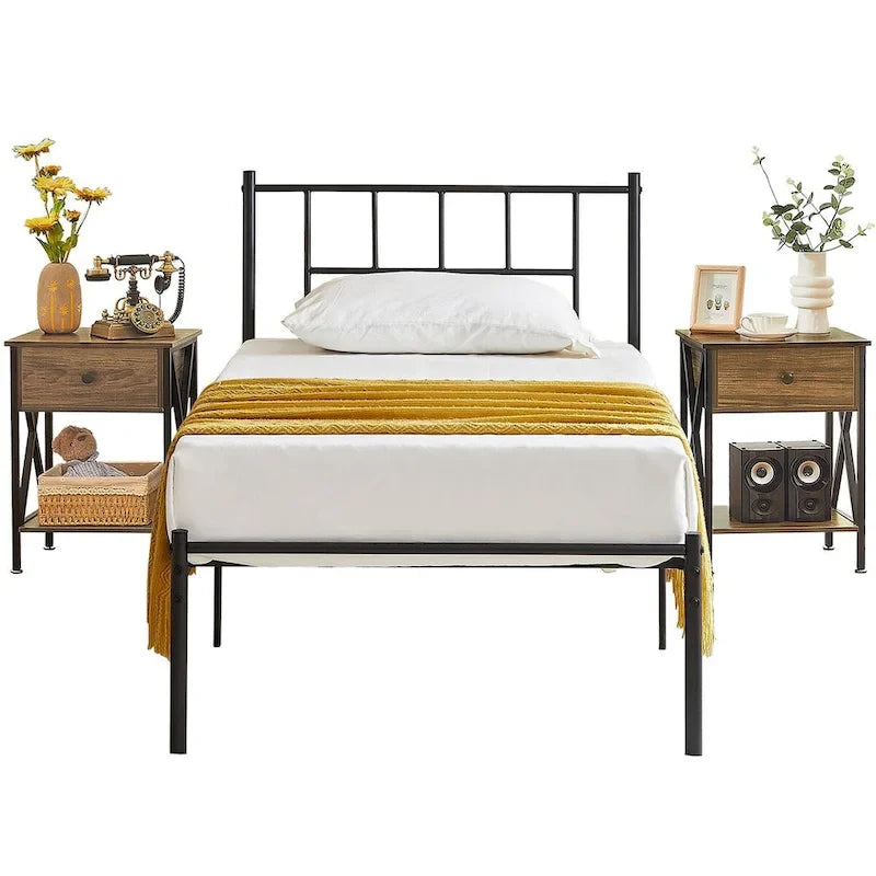 Ensemble cadre de lit 3 pièces VECELO avec tête de lit en bois et tables de chevet modernes, lot de 2