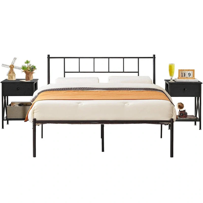 Ensemble cadre de lit 3 pièces VECELO avec tête de lit en bois et tables de chevet modernes, lot de 2