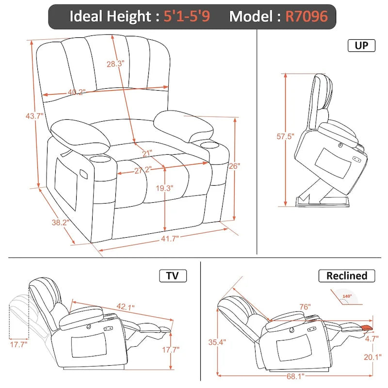 Fauteuil Élévateur Inclinable Électrique MCombo avec Massage et Chaleur, Similicuir R7096 (Moyen-Large)