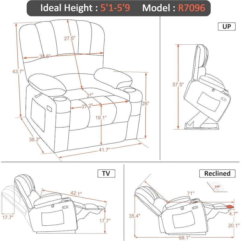 Fauteuil Élévateur Inclinable Électrique MCombo avec Massage et Chaleur, Similicuir R7096 (Moyen-Large)