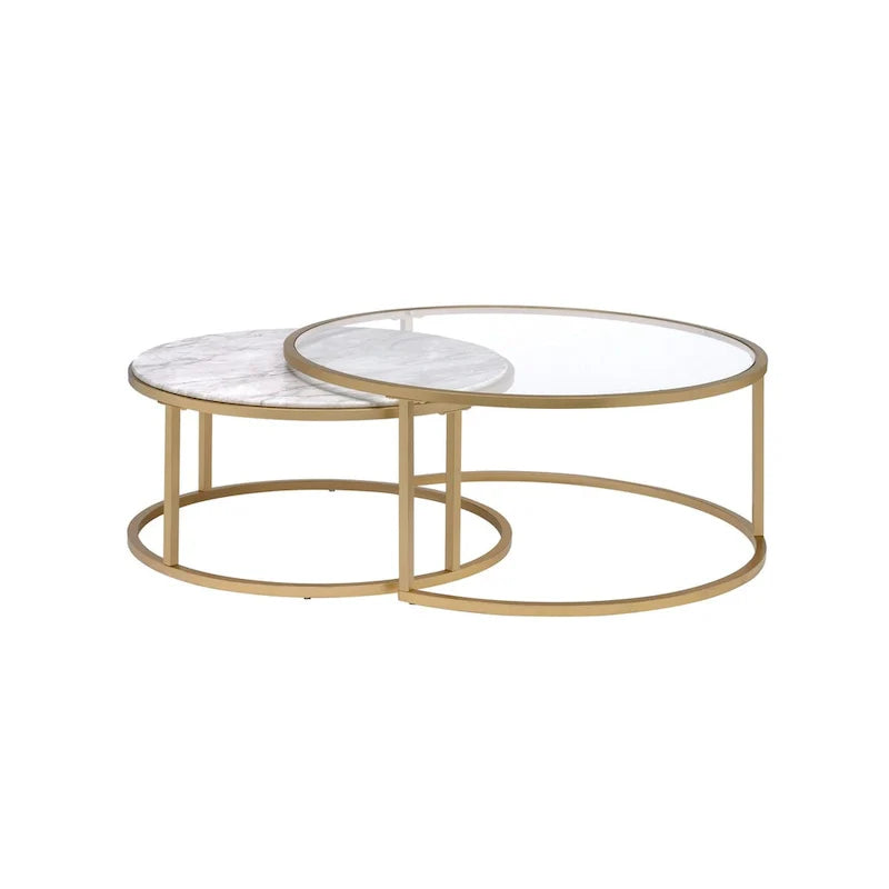 Tables basses gigognes à cadre métallique avec plateaux en verre et marbre, lot de deux, doré - 15,75 H x 36 L x 36 L pouces