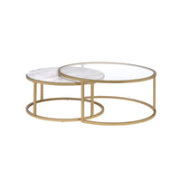 Tables basses gigognes à cadre métallique avec plateaux en verre et marbre, lot de deux, doré - 15,75 H x 36 L x 36 L pouces