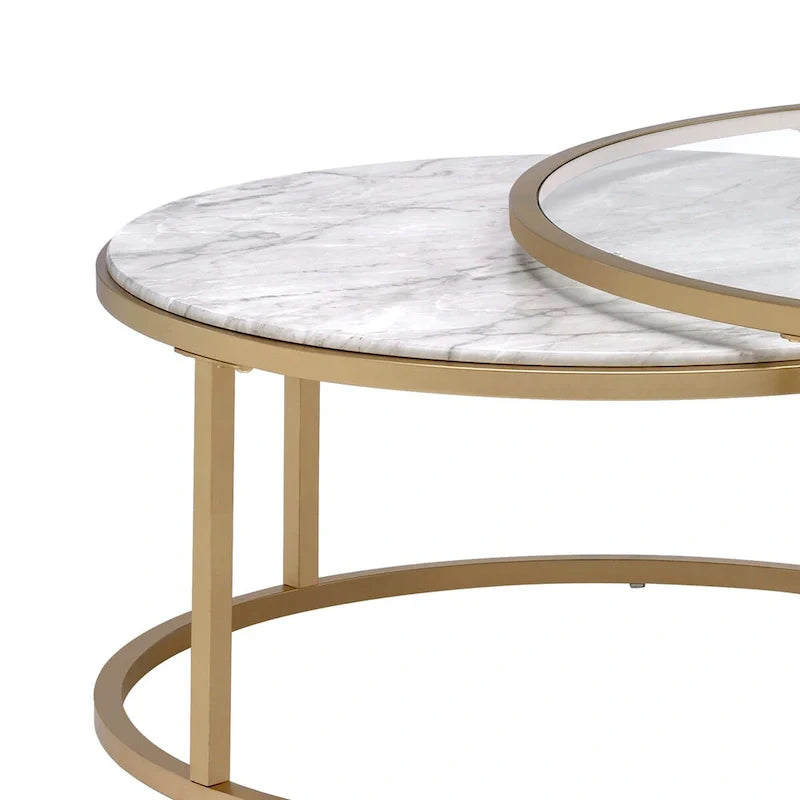 Tables basses gigognes à cadre métallique avec plateaux en verre et marbre, lot de deux, doré - 15,75 H x 36 L x 36 L pouces