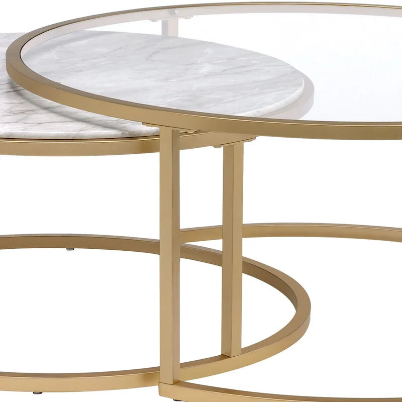 Tables basses gigognes à cadre métallique avec plateaux en verre et marbre, lot de deux, doré - 15,75 H x 36 L x 36 L pouces