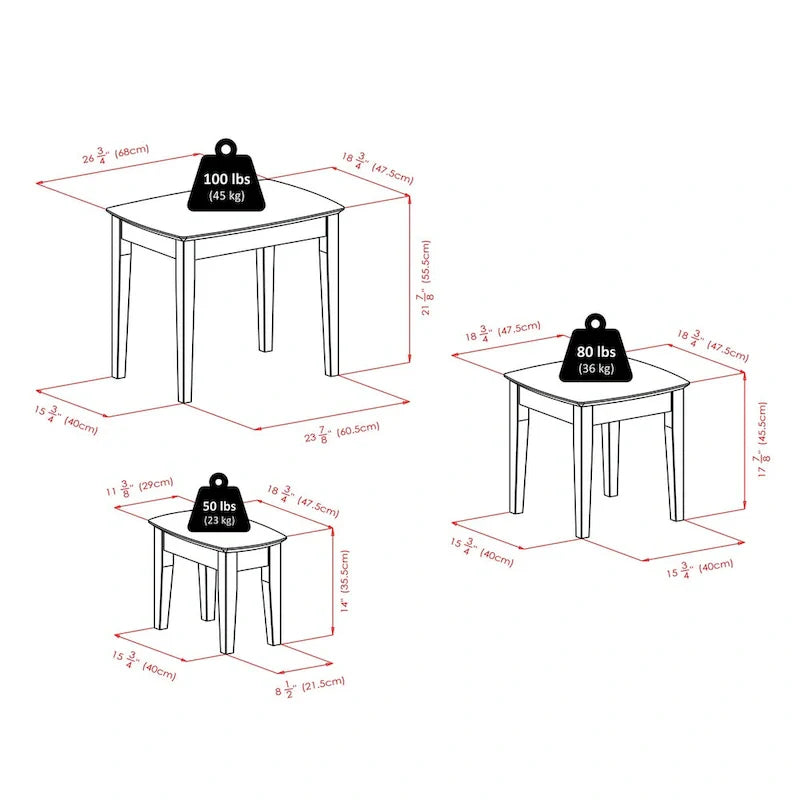 Ensemble de 3 tables gigognes Bradley, noyer - 26.8 x 18.7 x 21.9